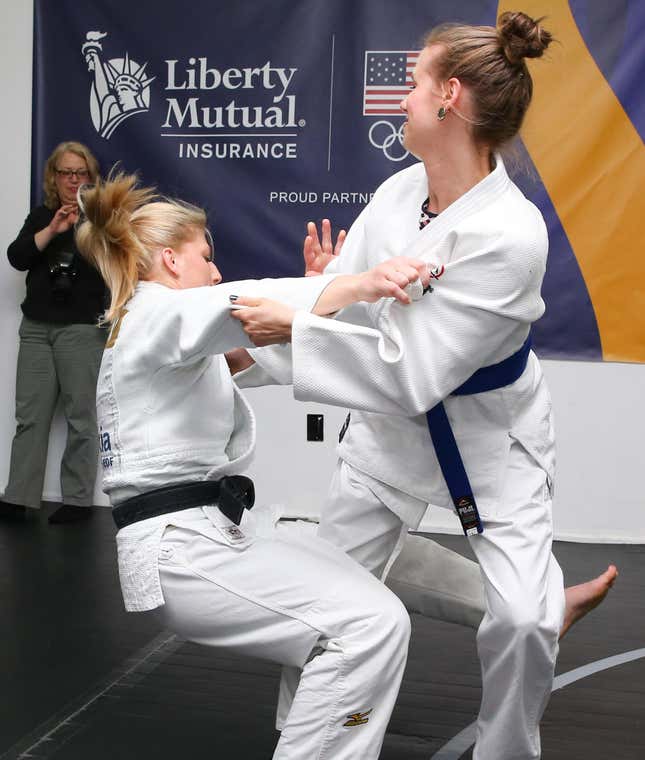 American judoka Kayla Harrison, the 2012 Olympic gold medalist performs a judo demonstration with Team USA partner 