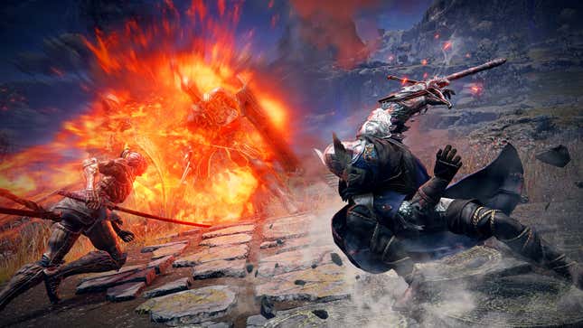Two characters fight a boss in promotional art for Elden Ring: Nightreign.