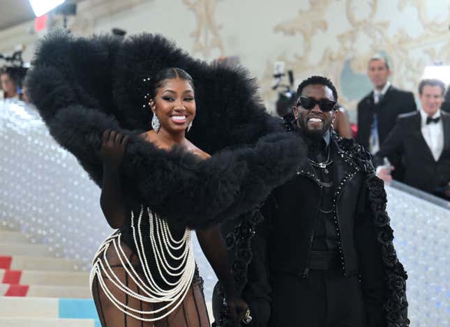 Yung Miami, left and Sean “Diddy” Combs arrive for the 2023 Met Gala at the Metropolitan Museum of Art on May 1, 2023, in New York.