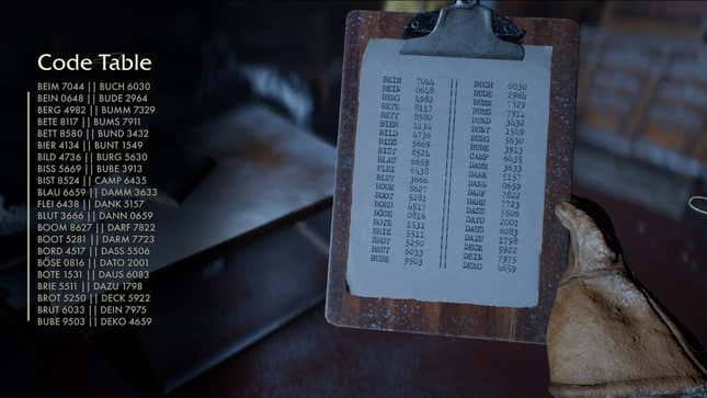 Indy stares at a clip board with a bunch of numbers and letters printed on a sheet of a paper.