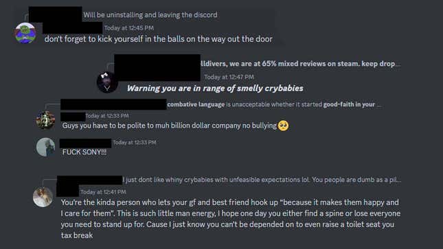 A screenshot shows some messages from the Helldivers Discord.