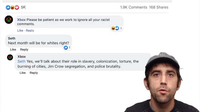 Ben Palmer talks in front of a green screen of a Facebook interaction where impersonates the official Xbox Facebook account and calls out a racist comment. 