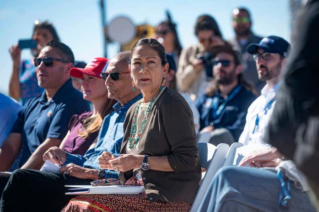 U.S. Secretary of the Interior Deb Haaland, center, attends the ground breaking ceremony for the SunZia transmission line project in Corona, N.M., on Friday, Sept. 1, 2023. (Jon Austria/The Albuquerque Journal via AP)