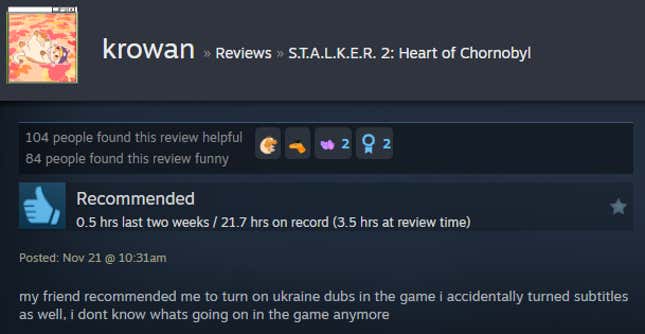 A screenshot shows a Steam user review for Stalker 2.