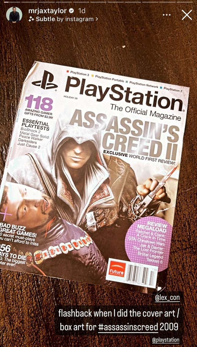 Jax Taylor's Instagram story from March 13, showing an PlayStation: The Official Magazine cover featuring Assassin's Creed II. 