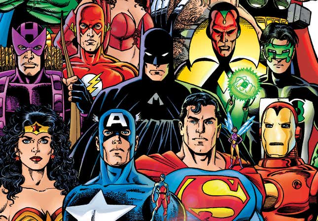 Hawkeye, the Flash, Batman, the Vision, Kyle Rayner, Wonder Woman, Captain America, Superman, and Iron Man all stare back at you.
