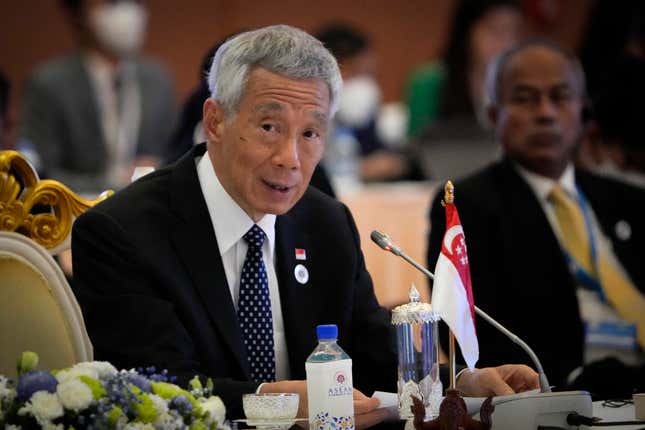 FILE - Singapore&#39;s Prime Minister Lee Hsien Loong speaks during ASEAN - India Summits in Phnom Penh, Cambodia, on Nov. 12, 2022.Singapore Prime Minister Lee Hsien Loong said Sunday, Nov. 5, 2023 he planned to bow out and hand over power to his deputy, Lawrence Wong, late next year, before the 2025 general election. Lee, 71, initially intended to retire before turning 70, but it was shelved because of the COVID-19 pandemic. (AP Photo/Anupam Nath, file)