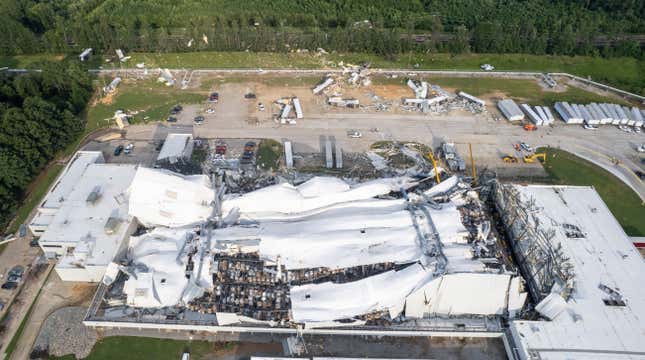 FILE - Debris is scattered around the Pfizer facility, July 19, 2023, in Rocky Mount, N.C., after damage from severe weather. The major Pfizer pharmaceutical plant in North Carolina that makes critical supplies for U.S. hospitals has restarted production about 10 weeks after it was heavily damaged by a tornado, the company announced Monday, Sept. 25. (Travis Long/The News &amp; Observer via AP, File)