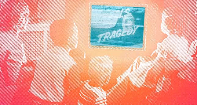 1950s kids crowded around a television flashing screens of car crashes