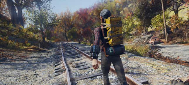 A screenshot of someone walking in Fallout 76 while wearing a backpack. 
