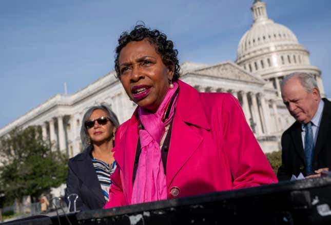 FILE - Rep. Yvette Clarke of New York speaks at a news conference in Washington, Nov. 4, 2021. Clarke and Sen. Amy Klobuchar of Minnesota sent a letter Thursday to Meta CEO Mark Zuckerberg and X CEO Linda Yaccarino asking each to explain any rules they&#39;re crafting to curb AI-generated election ads that deceive people. (AP Photo/J. Scott Applewhite, File)