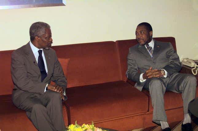 United Nations Secretary General Kofi Annan (L) meets with Charles G. Taylor, President of the Republic of Liberia at the Hilton Hotel in Abuja July 1. Annan also met detained Nigerian opposition politician Moshood Abiola on Wednesday as intense backroom diplomacy continued to secure his release, a senior Nigerian official said. vm/U.N. VM/SV/ME - RP1DRIGBLSAB