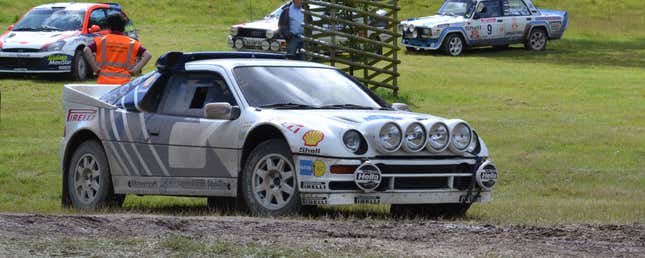 A Ford RS200 Rally Car with six spotlights mounted to the front to assist the cars two headlights