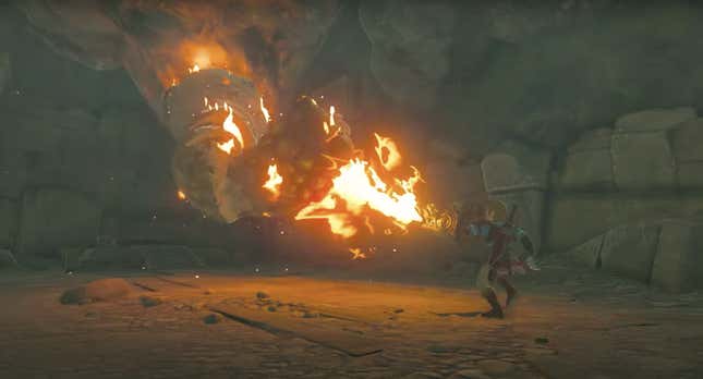 Link wields a flamethrower weapon in BOTW 2.