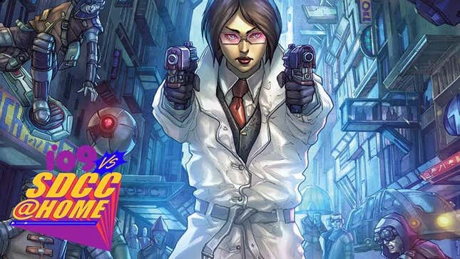 A young woman in a white overcoat and suit raises two pistols ready to fire against the backdrop of Blade Runner's cyberpunk dystopia.