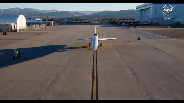 A view of the X-59 outside its hangar.