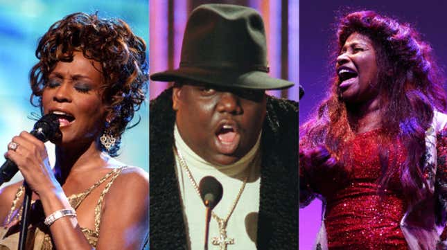 (L-R): Whitney Houston on Sept. 15, 2004; Notorious B.I.G. on Dec. 6, 1995; Chaka Khan on Sept. 9, 2018.