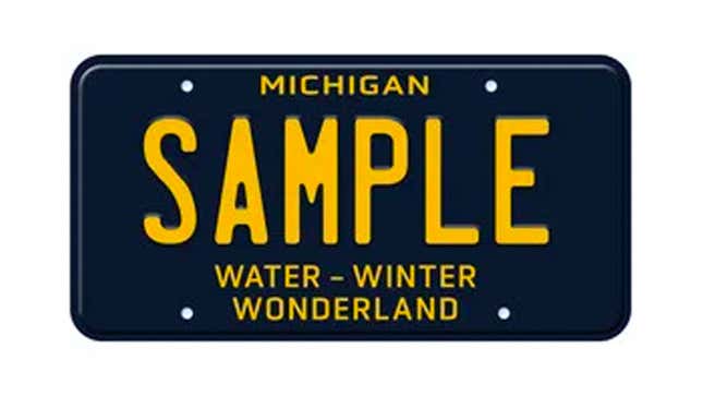 A dark blue and yellow Michigan license plate 