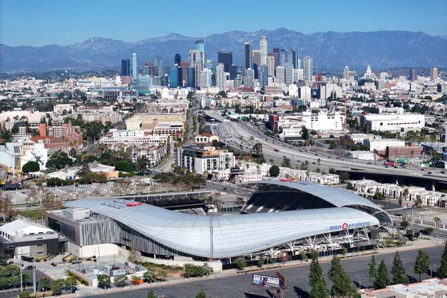 A general overall aerial view of BMO Stadium and downtown skyline on November 23, 2023, in Los Angeles, California.