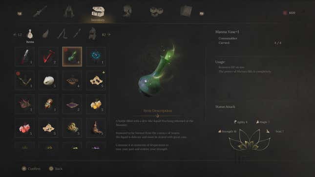 A screenshot of an item menu shows a manna vessel.