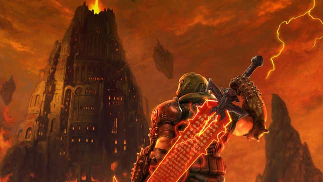 Doom Guy poses like Cloud Strife from  Final Fantasy VII Remake's box art. 