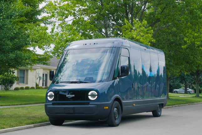 The front 3/4 view of the Rivian Commercial Van in Amazon livery