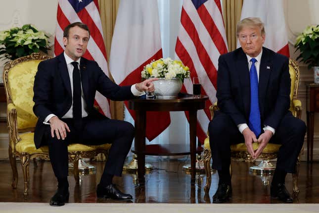 President Donald Trump meets French President Emmanuel Macron at Winfield House, Dec. 3, 2019, in London. 