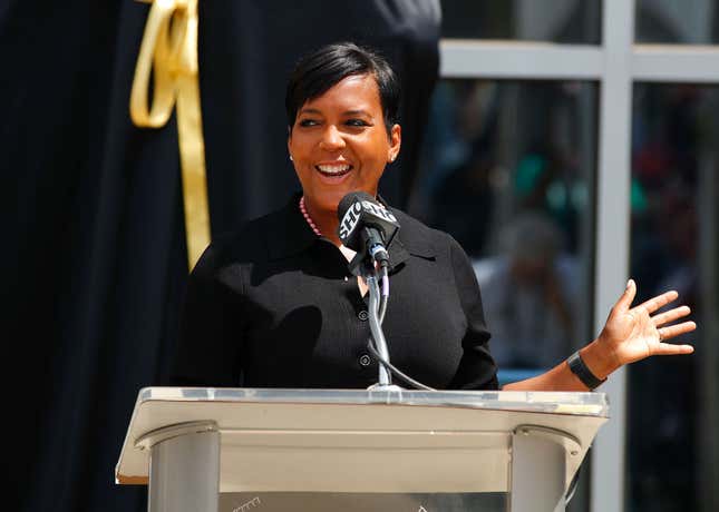 Mayor of Atlanta, Keisha Lance Bottoms, speaks prior to unveiling the Evander Holyfield statue at State Farm Arena on June 25, 2021, in Atlanta, Georgia.