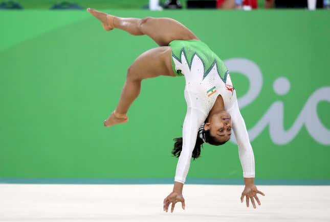 Dipa Karmakar competes on the floor exercise during the women’s qualifications. REUTERS/Damir Sagolj