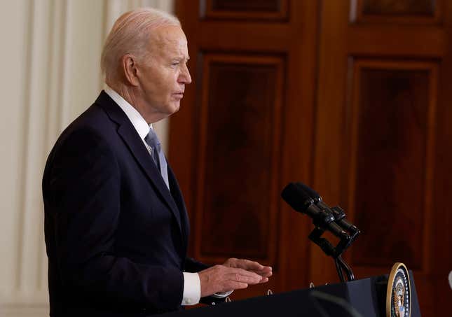 U.S. President Joe Biden participates in a joint press conference with Kenyan President William Ruto in the East Room at the White House on May 23, 2024.