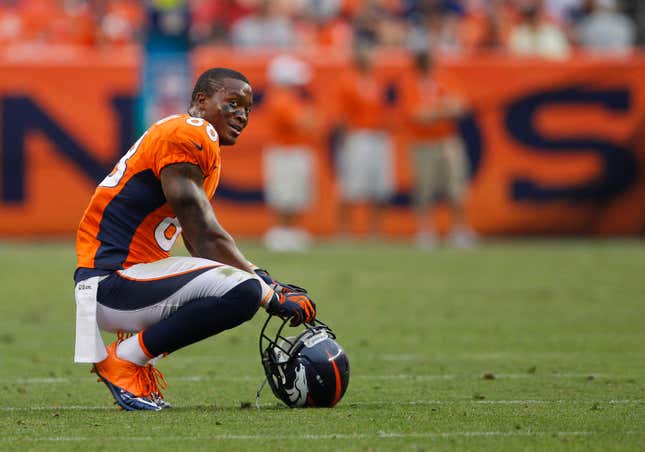 Former Denver Broncos wide receiver Demaryius Thomas pauses during a game against the Houston Texans in 2012.