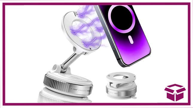 This stand suction-cups to smooth surfaces like your car’s dashboard or windshield and holds your phone with a powerful magnet.