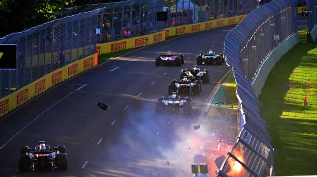  A rear view of the second restart showing Pierre Gasly of France driving the (10) Alpine F1 A523 Renault and Esteban Ocon of France driving the (31) Alpine F1 A523 Renault collide (bottom) during the F1 Grand Prix of Australia at Albert Park Grand Prix Circuit on April 02, 2023 in Melbourne, Australia. 