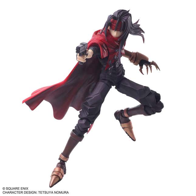 A photo shows a Final Fantasy VII character figure in action