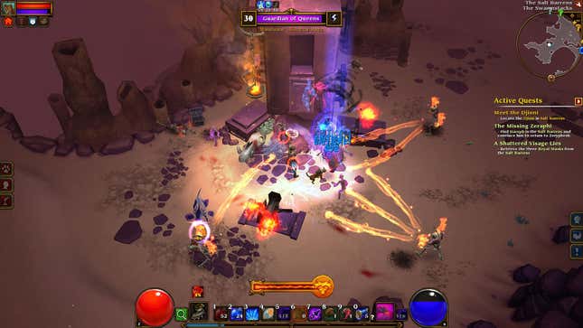 Colorful spells being cast in a Torchlight 2 battle.