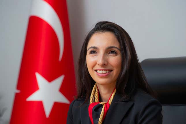FILE - Governor of the Central Bank of Turkey Hafize Gaye Erkan poses for a photograph at her office in Ankara, Thursday, July 6, 2023. The governor of Turkey’s central bank has resigned only months after taking office amid allegations of improper use of power and family interference in the workings of the financial institutions. Erkan was the bank's first female chief. She announced her resignation on social media late Friday, Feb. 2, 2024 saying she was a victim of a “character assassination campaign” and would resign to spare her family further anguish. (Riza Ozel/Dia Images via AP, File)