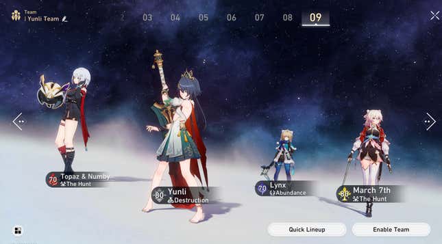 Four characters on the Team Lineup Screen, including newcomers Yunli and March 7th (The Hunt).