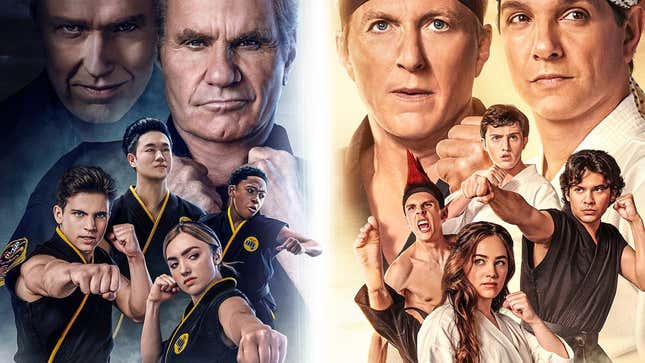 A poster of Netflix's fourth season of Cobra Kai, showing the main cast in various karate poses. 