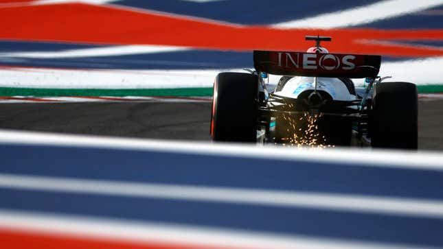 A photo of the rear end of George Russell's Mercedes F1 car in Texas. 