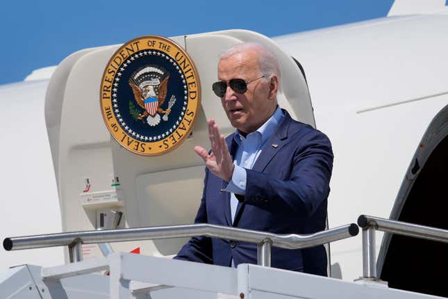 President Joe Biden waves as he arrives on Air Force One at Wilkes-Barre Scranton International Airport, Tuesday, April 16, 2024, in Scranton, Pa. (AP Photo/Alex Brandon)