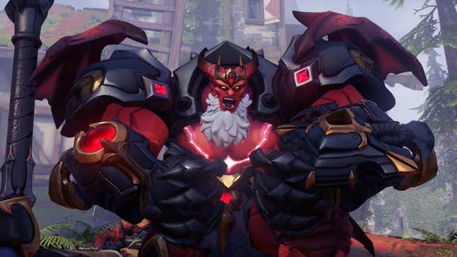 Overwatch's Reinhardt in a devil-inspired skin, yelling.