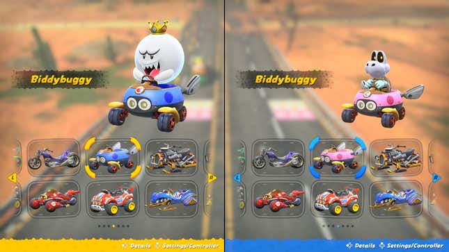 King Boo and Dry Bones in blue and pink Biddybuggys.