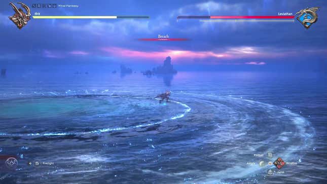Ifrit is seen standing in a glowing ring on the water's surface as the attack name Breach is displayed.