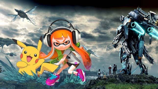 A Xenoblade mech looks at a Squid Kid and Pikachu. 