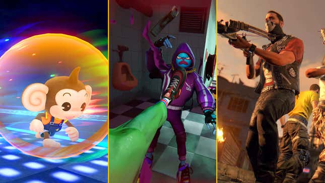 A monkey in a ball, a goon getting kicked, and a dude with a crossbow are arranged in a collage.