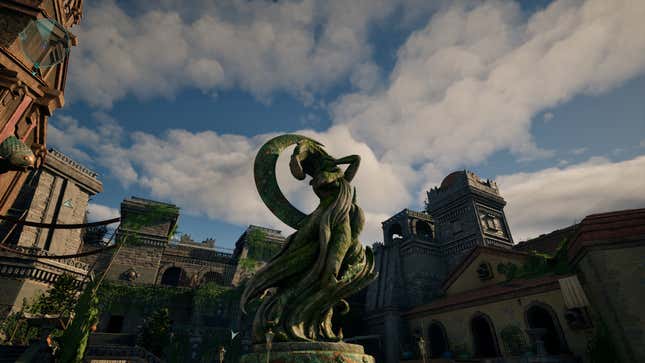 A screenshot shows a statue in the middle of a fantasy village.
