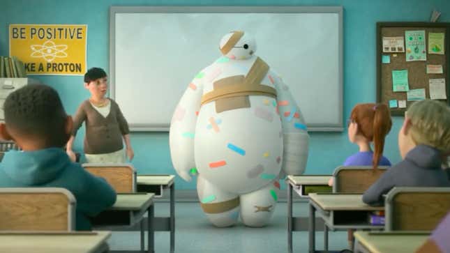 The animated Baymax covered in band-aids standing before a classroom full of children.