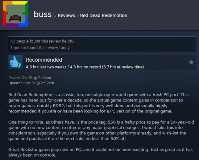 Image for article titled Red Dead Redemption Remaster, As Told By Steam Reviews