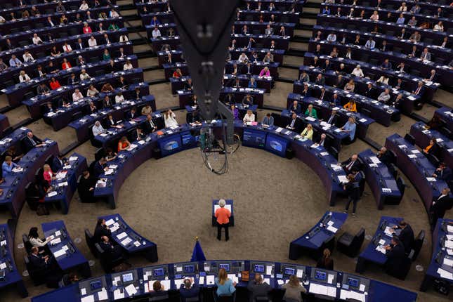 European Commission President Ursula von der Leyen delivers her annual speech on the state of the European Union and its plans and strategies looking ahead, at the European Parliament, Wednesday, Sept. 13, 2023 in Strasbourg, eastern France. (AP Photo/Jean-Francois Badias)