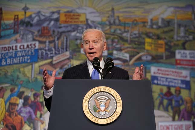 U.S. President Joe Biden addresses trades leaders at the North Americas Building Trades Unions (NABTU) Legislative Conference at the Washington Hilton Hotel in Washington, DC, on April 6, 2022